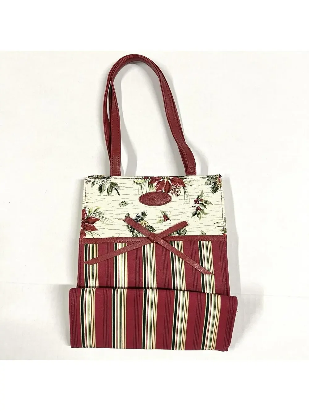 Longaberger Small Fabric Tote Bag Holiday Poinsettia Stripe Purse Magnetic Close